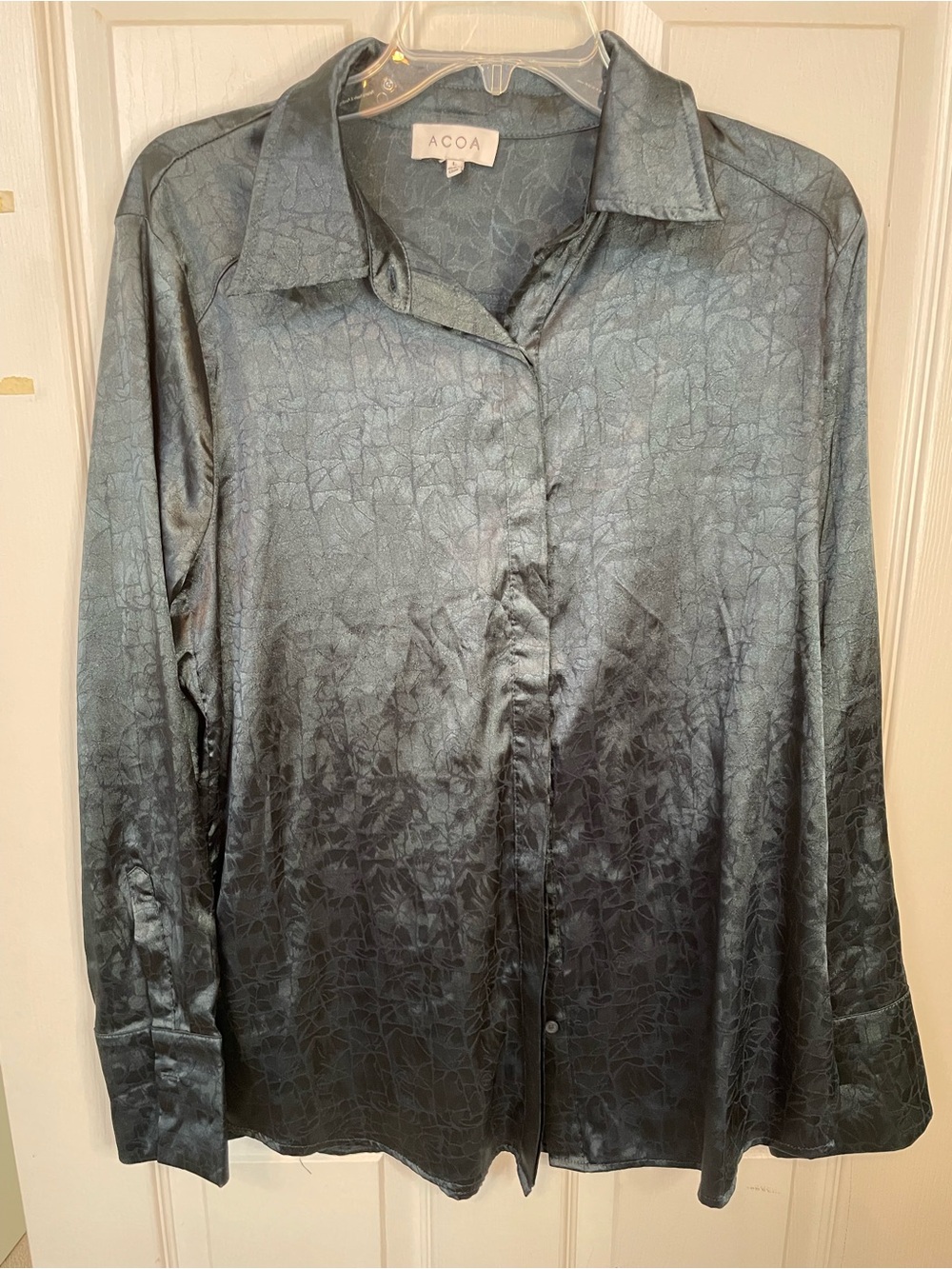 Acoa Satin Button-Up Shirt shimmer slate blue long sleeve